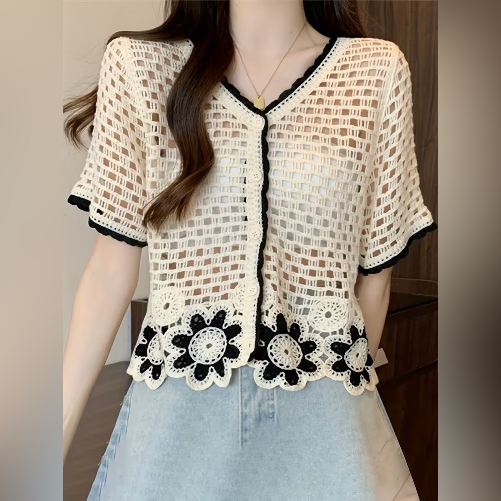 Ultra Pink short sleeve crochet button-down cardigan floral appliqué hem size L